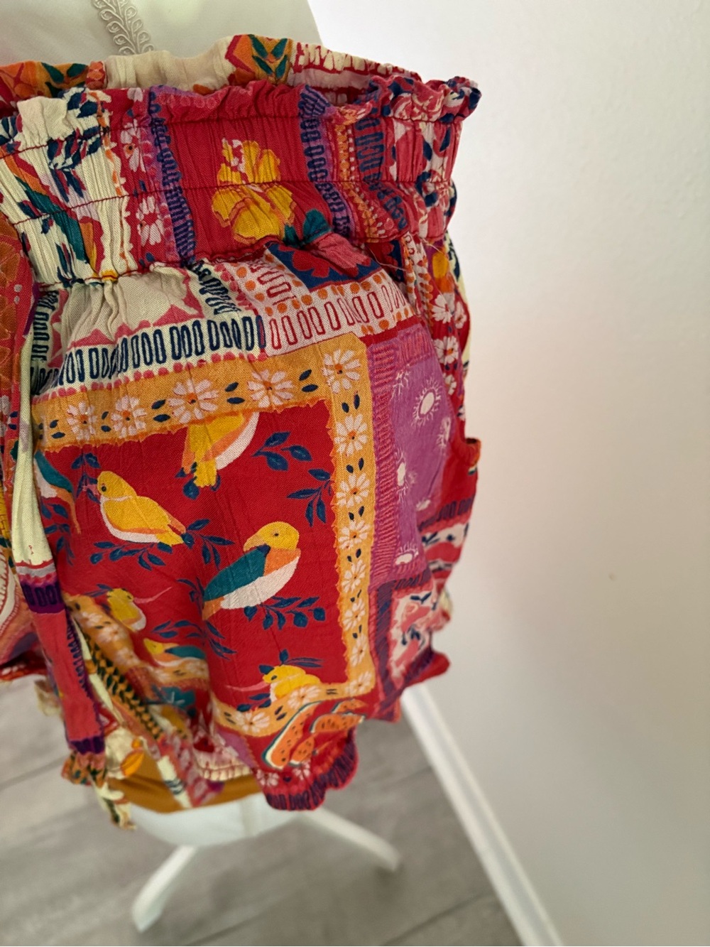 Boho Bird Print Smocked Waist Shorts - Pink & Red